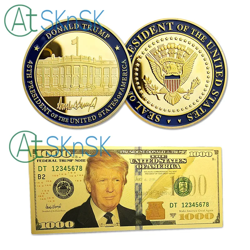 United States President Donald Trump Challenge Coin with 100/1000 USD Banknote Gold Sliver Plated Commemorative Coins
United States President Donald Trump Challenge Coin with 100/1000 USD Banknote Gold Sliver Plated Commemorative Coins