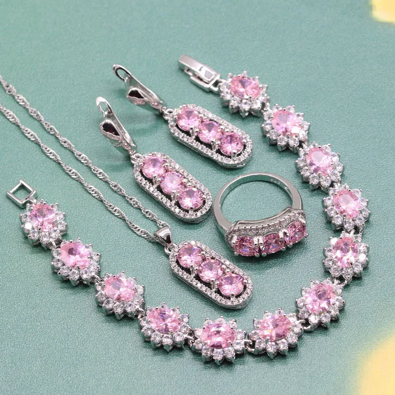 Geometric Pink Crystal 925 Sterling Silver Jewelry Sets for Women 4pcs Woman Ring Sets Flower Bracelet Dangle Drop Earrings Ring
Geometric Pink Crystal 925 Sterling Silver Jewelry Sets for Women 4pcs Woman Ring Sets Flower Bracelet Dangle Drop Earrings Ring