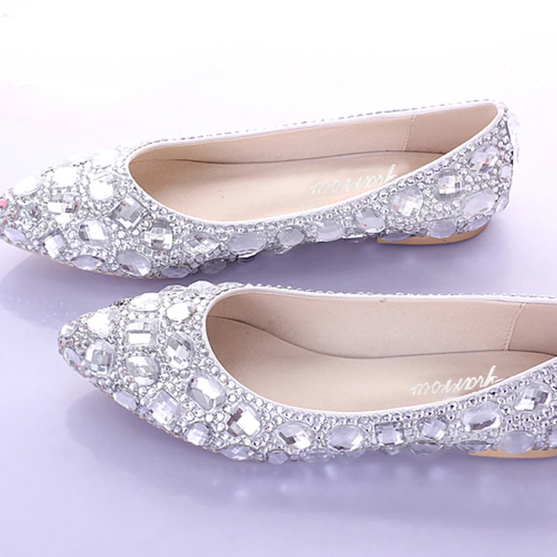 

Flat Heels Pointed Toe AB Crystal Wedding Shoes Silver Dancing Flats Performance Show Women Dress Shoes Bridal Bridesmaid Shoes