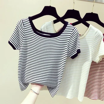 Square Collar Striped Short Sleeve T-shirts Girls Slim Knitted Simple Cropped Tshirt Tops For Woman
Square Collar Striped Short Sleeve T-shirts Girls Slim Knitted Simple Cropped Tshirt Tops For Woman