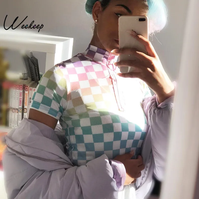 Weekeep Cropped Plaid Front Zipper t shirt Women Turtleneck Bodycon Streetwear tshirt 2019 Summer Sexy Checkerboard Crop Top
Weekeep Cropped Plaid Front Zipper t shirt Women Turtleneck Bodycon Streetwear tshirt 2019 Summer Sexy Checkerboard Crop Top