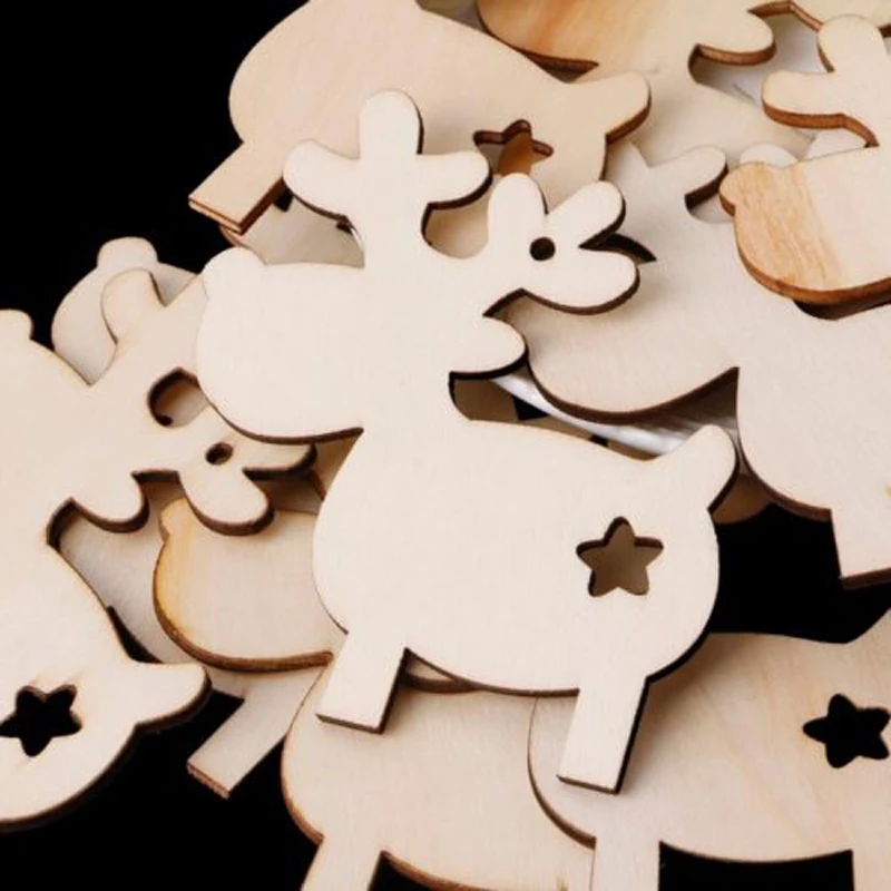 DIY 10Pcs Christmas Wooden MDF Reindeers Star Blanks Tree Hanging Ornament Tags