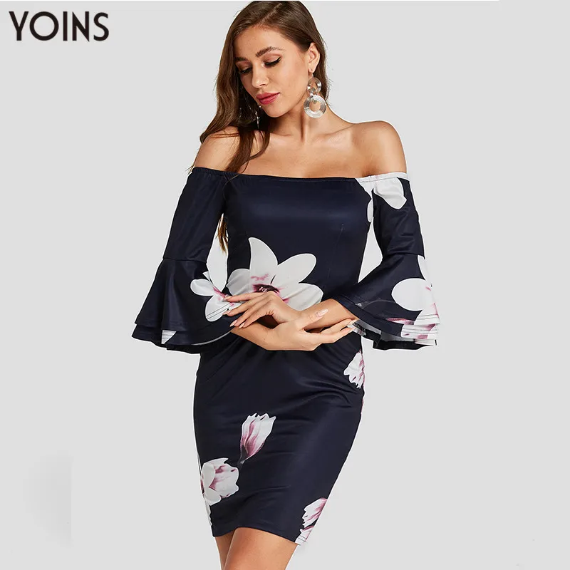 

2019 YOINS Women Summer Autumn Dress Sexy Navy Off Shoulder Ruffle Sleeves Random Floral print Mini Party Dress Bodycon Vestido