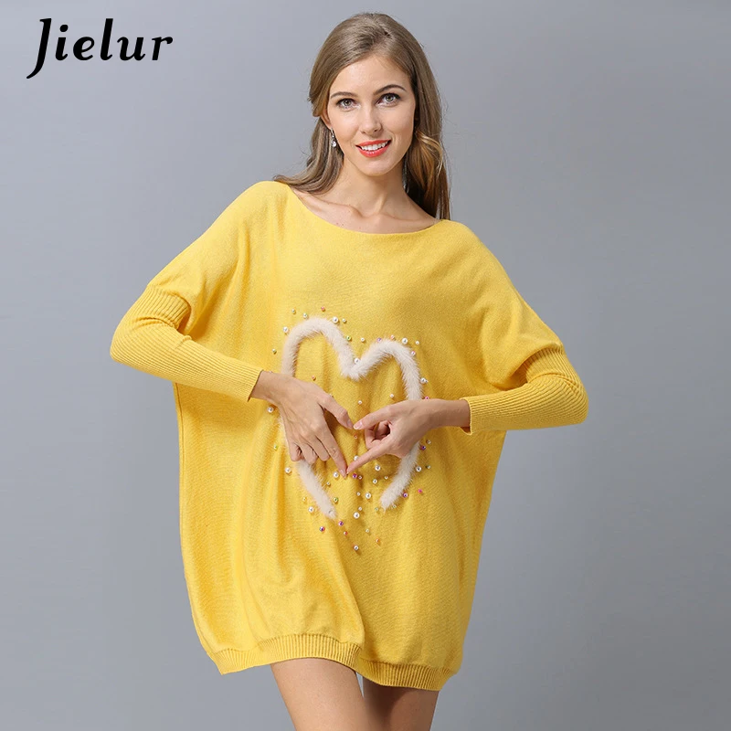 Jielur Europe Beading Love Autumn Sweater Women Loose Batwing Sleeve Chic Yellow Top Femme Elegant High Street Sueter Mujer 2018 | Женская
