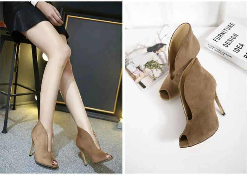 Women's Boots' Office Lady Spring Slip-on Brown Ankle Boots For Women Super High Heels Lady Ankle Boots Open Toe Autumn Winter (11)