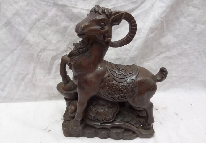 S3018 9" China Bronze Animal Wealth Zodiac Fu Sheep Ride RuYi YuanBao Statue Sculpture D0317