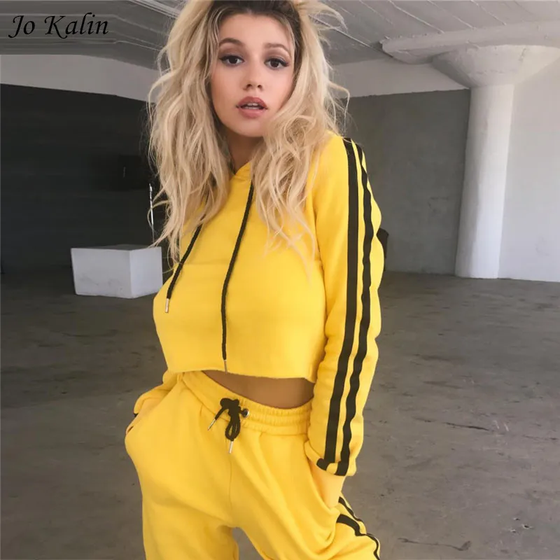 

Jo Kalin 2018 New Fashion 2 Piece Clothing Set Women Yellow Crop Top And Pants Suit ladies Sexy Leisure Two Piece Tracksuit