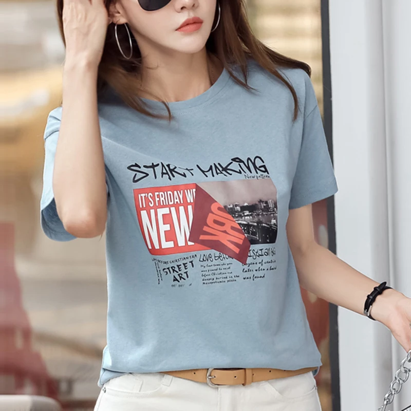 Women T-Shirt Summer Short Sleeve Tops Cotton Korean Tee Letter Print High Quality O-Neck T-Shirt Female Harajuku T shirt Ladies
Women T-Shirt Summer Short Sleeve Tops Cotton Korean Tee Letter Print High Quality O-Neck T-Shirt Female Harajuku T shirt Ladies