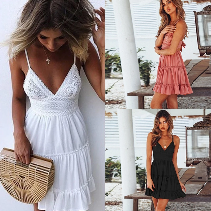 Sexy Party Dress Women Summer Deep V Neck Backless Lace Dresses Fashion Sleeveless Halter Bandage Mini Dress White Woman Dress
Sexy Party Dress Women Summer Deep V Neck Backless Lace Dresses Fashion Sleeveless Halter Bandage Mini Dress White Woman Dress