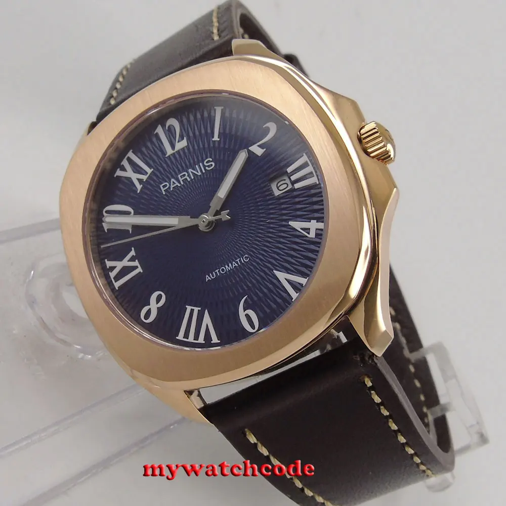 

40mm Parnis Blue Dial Sapphire Glass Rose Golden Case 21 Jewels Miyota Automatic Mens Watch Auto Date Leather Strap P891