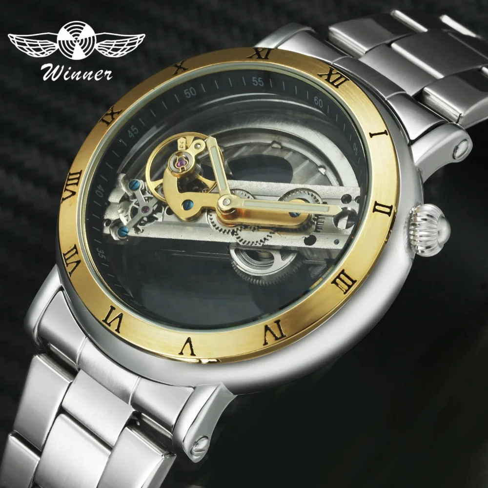 WINNER Top Brand Luxury Golden Bridge Mechanical Watch Men Roman Numerals Dial Design Stainless Steel Strap Auto Wristwatch
WINNER Top Brand Luxury Golden Bridge Mechanical Watch Men Roman Numerals Dial Design Stainless Steel Strap Auto Wristwatch