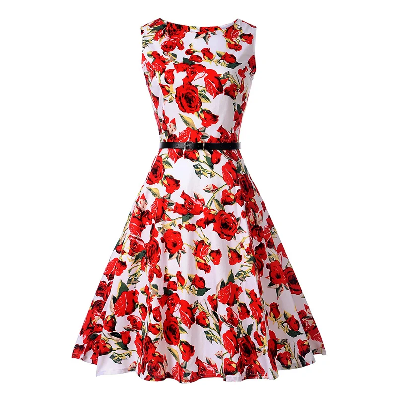 Kostlish Floral Print Summer Dress Women Sleeveless 50s Tunic Vintage Dress With Belt 2017 Elegant Swing Party Dresses Sundress (6)