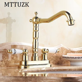 MTTUZK European Gold Plated Brass Deck Mounted Dual Ceramics Cross Handles Bathroom Vessel Sink Basin Faucet Swivel Mixer Tap 
MTTUZK European Gold Plated Brass Deck Mounted Dual Ceramics Cross Handles Bathroom Vessel Sink Basin Faucet Swivel Mixer Tap