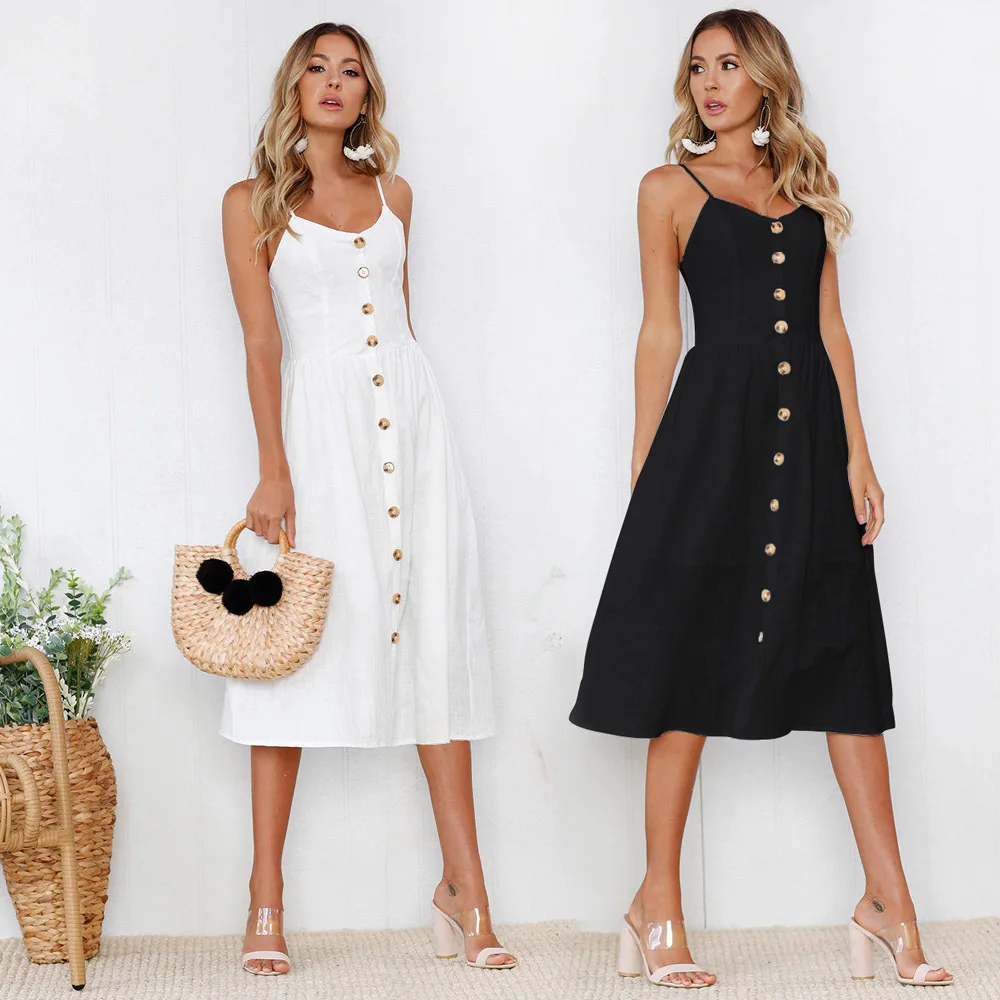 2018 Sexy Women Dress Summer Solid Spaghetti Strap Casual Dress Female with Button
2018 Sexy Women Dress Summer Solid Spaghetti Strap Casual Dress Female with Button