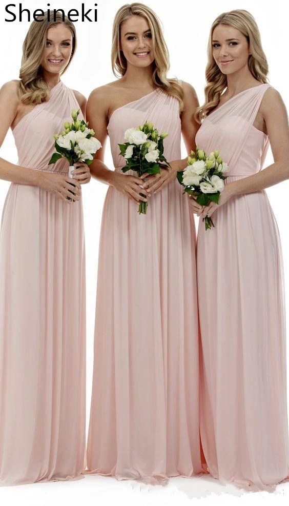 Simple Pink Chiffon Bridesmaids Dresses Long Sexy One Shoulder Cheap Country A Line Wedding Party Gowns vestido de festa longo
Simple Pink Chiffon Bridesmaids Dresses Long Sexy One Shoulder Cheap Country A Line Wedding Party Gowns vestido de festa longo