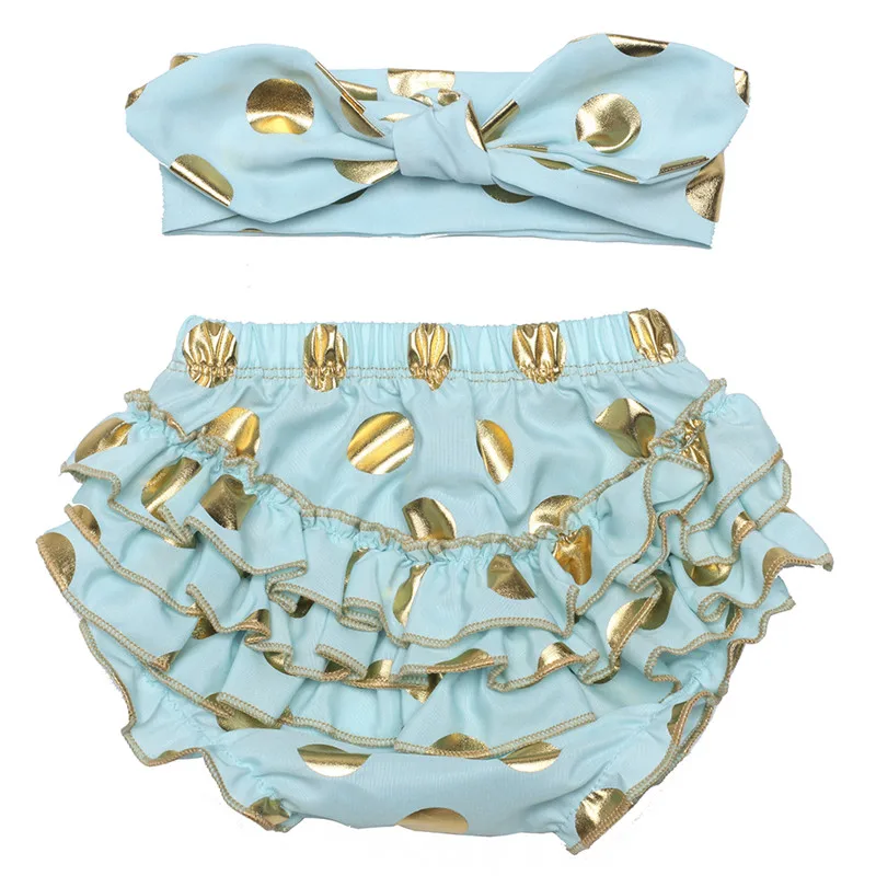 

Baby Bloomer Bow Headband set Girl Diaper Covered Tutu Ruffled Panties Infant Shorts Gold Polka Dots Prints Newborn Photo Props