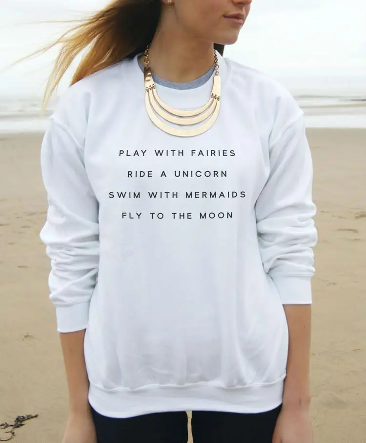 Play With Fairies Ride A Unicorn With Mermaids Print Women Sweatshirt Jumper Hoodies For Lady Funny Black White Gray TZ-117
Play With Fairies Ride A Unicorn With Mermaids Print Women Sweatshirt Jumper Hoodies For Lady Funny Black White Gray TZ-117