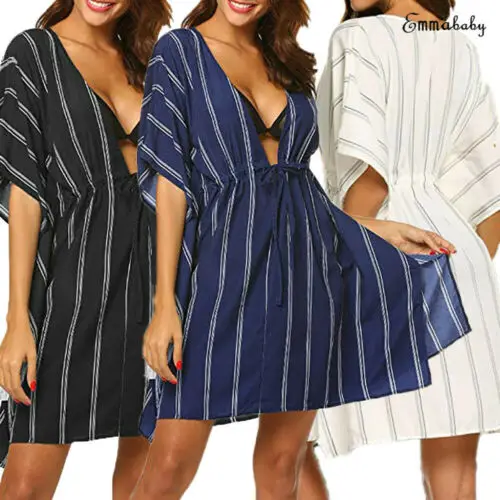 One Size Women V Neck Striped Print Tops Bikini Cover Up Strappy Dress Striped Loose Swimwear Summer Beach Wear 
One Size Women V Neck Striped Print Tops Bikini Cover Up Strappy Dress Striped Loose Swimwear Summer Beach Wear
