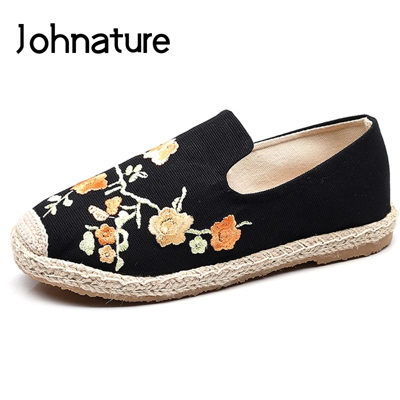 Johnature Canvas Flat Shoes Casual Floral Slip-on Round Toe National Style 2021 New Spring/Autumn Embroider Women | Обувь