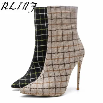 RLINF New Stiletto High-heeled Plaid Large Size Women's Boots