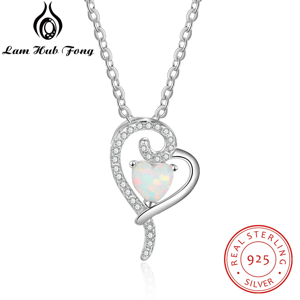

925 Sterling Silver Heart Pendant Necklace Created White Opal Necklace with Zirconia Romantic Gift for Women Lover(Lam Hub Fong)