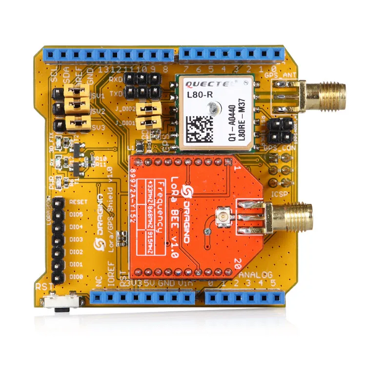 LoRa/GPS Shield Long distance wireless 433/868/915Mhz Lora and GPS Shield for Arduino
LoRa/GPS Shield Long distance wireless 433/868/915Mhz Lora and GPS Shield for Arduino