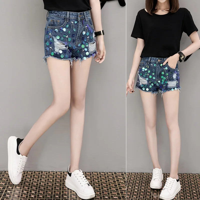 Spring 2017 Women's summer Fashion New Beaded Sequins denim High waist Female Shorts
Spring 2017 Women's summer Fashion New Beaded Sequins denim High waist Female Shorts