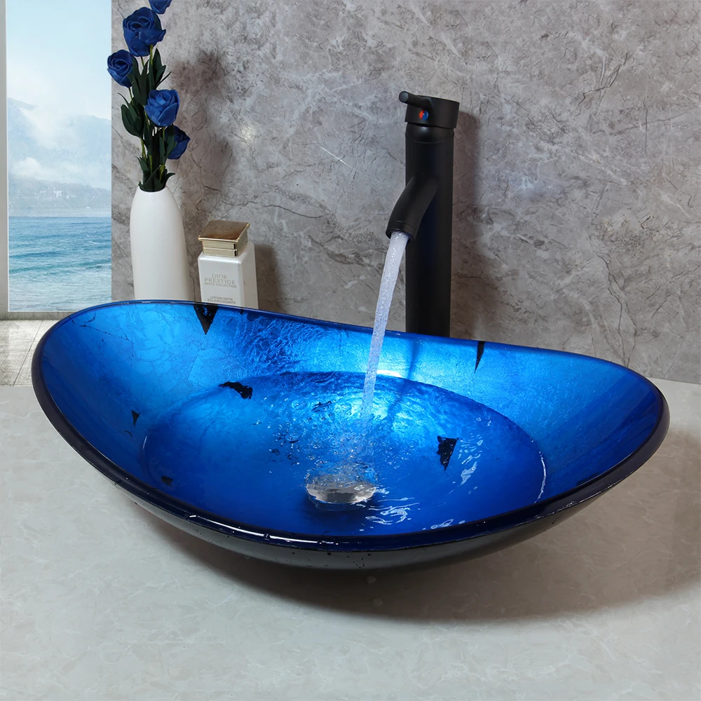 

YANKSMART Bathroom Washbasin Countertop Tempered Glass Basin Sink Faucet Brass Faucet Washroom Vessel Vanity Bar Ship