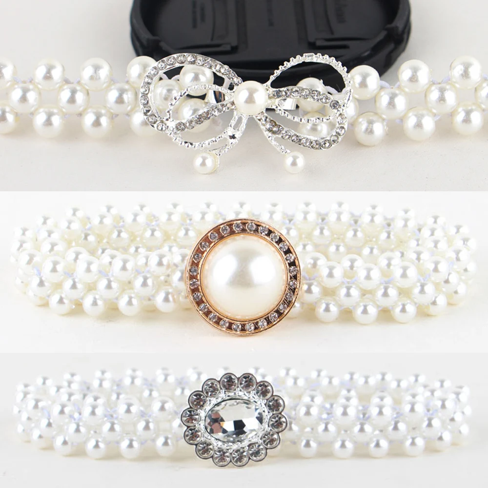 

Womens Pearl Waist Chain Dress Decoration Elastic Crystal Beads Narrow Belts BLTLL0334