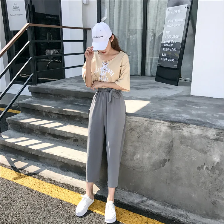 Plus Size - Casual Elastic Waist Loose Wide Leg Pants Preppy Style Trousers Female Palazzo Pants (Us 18W-20W)