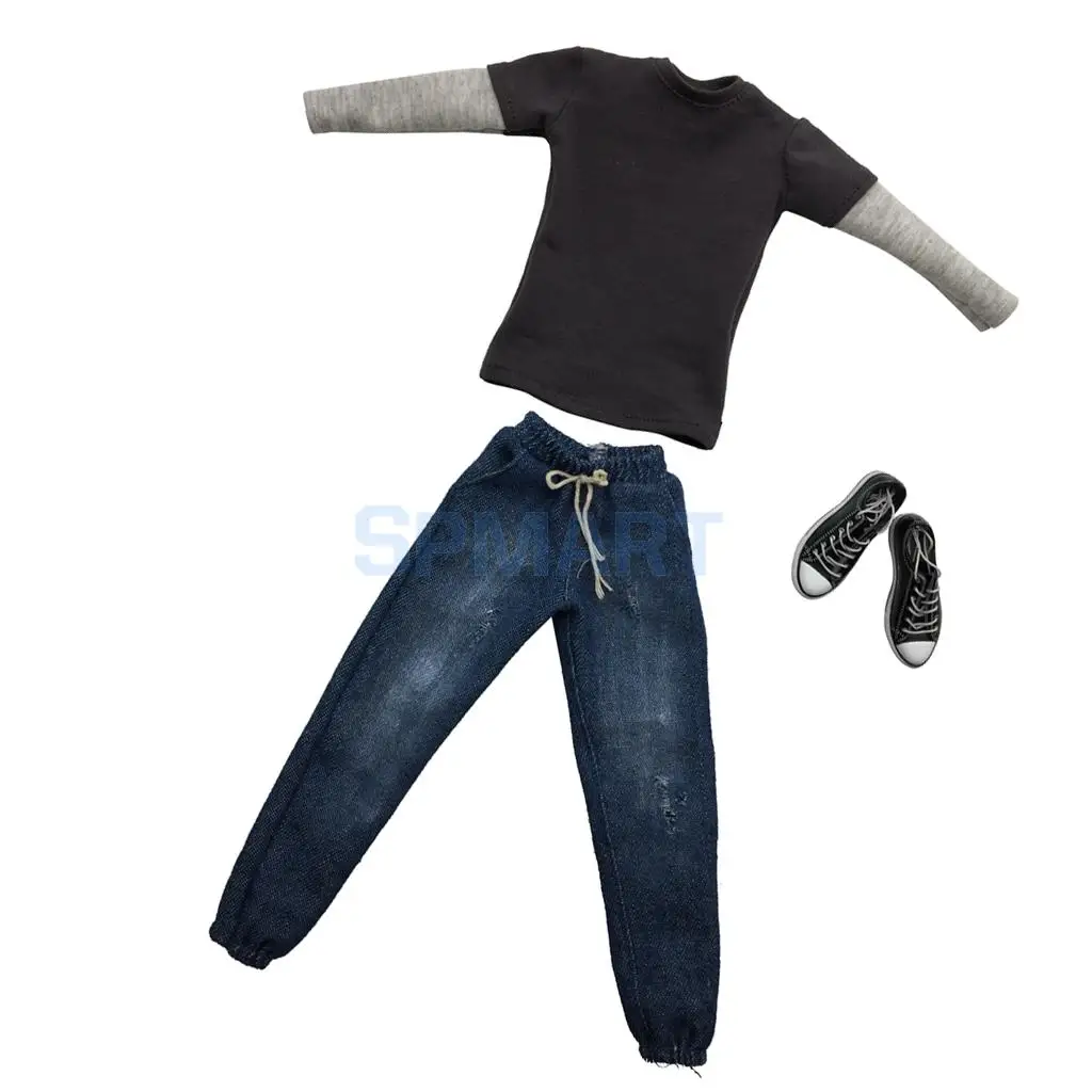 1/6 Scale Mens Outfits Clothes Dark Gray Long T-shirt Jeans and Canvas Shoes Set for 12inch Action Figure Accessories 1/6 Scale Mens Outfits Clothes Dark Gray Long T-shirt Jeans and Canvas Shoes Set for 12inch Action Figure Accessories