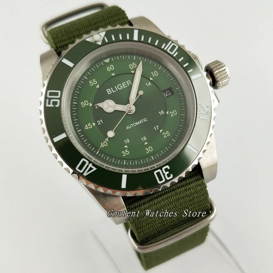 40mm Bliger Date Stainless Steel Case Green Ceramic Bezel Sapphire Glass Automatic Men's Watch
40mm Bliger Date Stainless Steel Case Green Ceramic Bezel Sapphire Glass Automatic Men's Watch