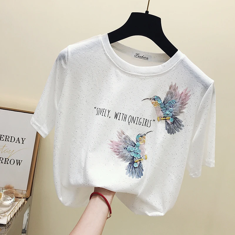 Gagarich Summer Sequins Bird Printed T Shirt Women Solid Short Sleeve T-Shirts Fashion Women Tshirt Plus Size
Gagarich Summer Sequins Bird Printed T Shirt Women Solid Short Sleeve T-Shirts Fashion Women Tshirt Plus Size