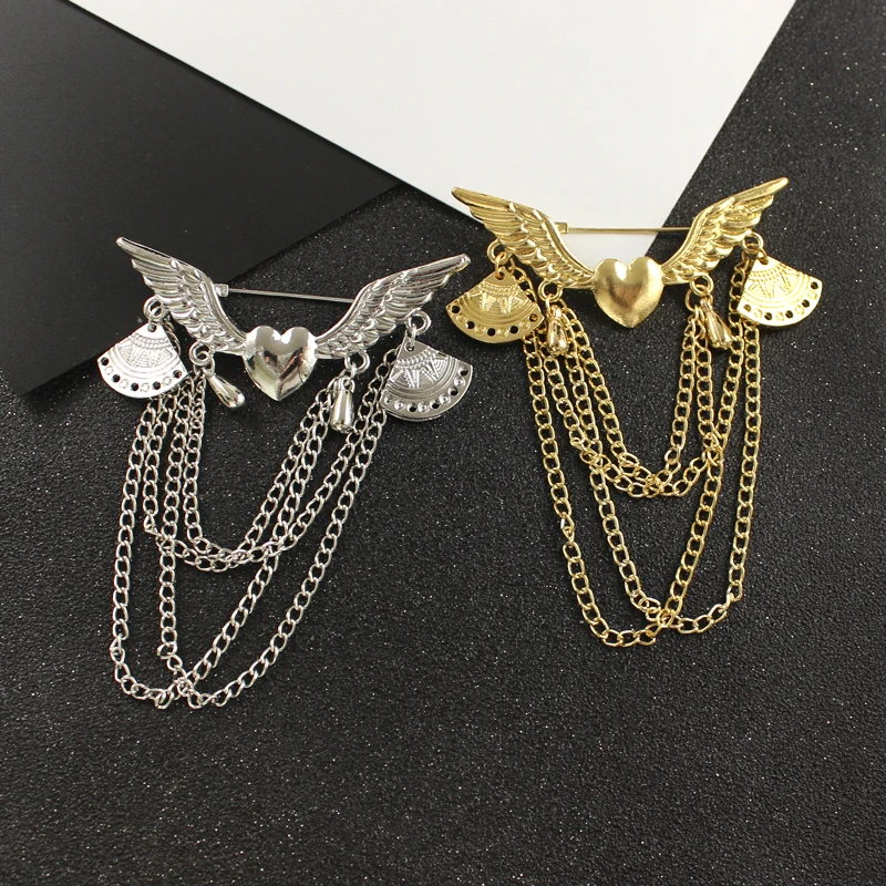 Retro fashion Angel wings Connecting metal long chain Love shape Pendant brooch Men's and women's clothing accessories | Украшения