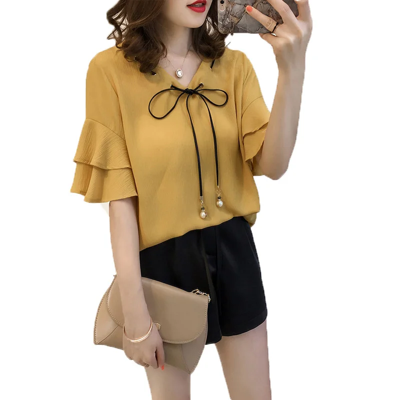 Chiffon Women Blouse Plus SIZE 4XL Summer Lace-up With Pearl V neck Petal Sleeve Blouse Shirt Sweet short sleeve Blouses
Chiffon Women Blouse Plus SIZE 4XL Summer Lace-up With Pearl V neck Petal Sleeve Blouse Shirt Sweet short sleeve Blouses