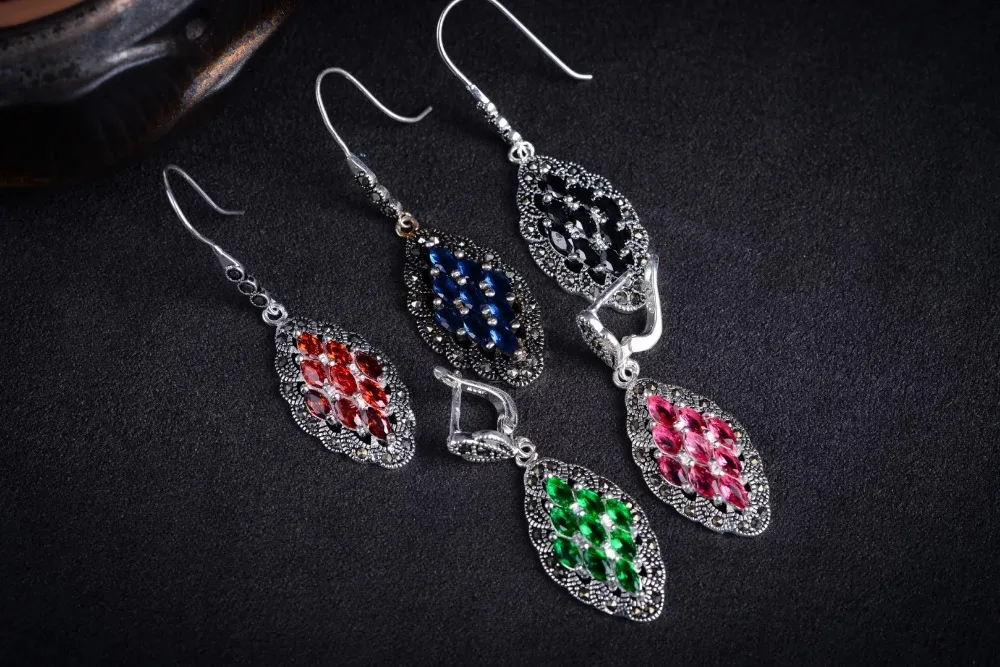 

5 choices Genuine 925 Silver inlay Crystal Art Style Marcasite Earrings 2"