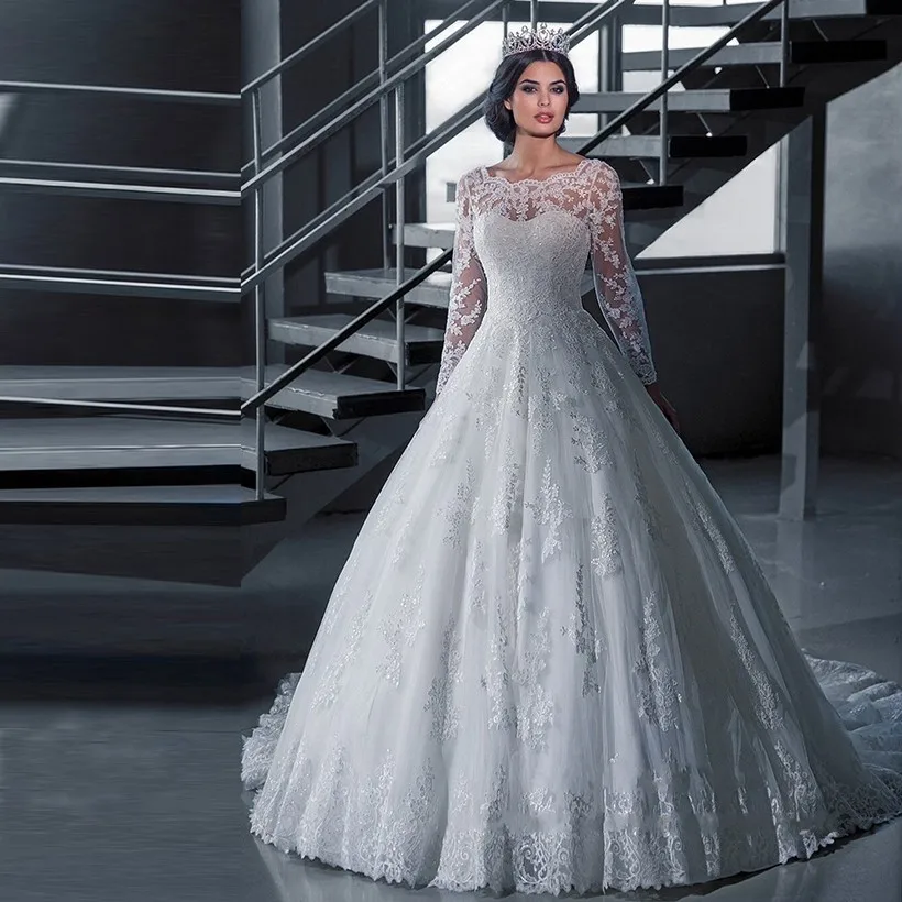 White Ball Gown Princess Wedding Dress Lace Luxury Illusion Long Sleeves Button Back
White Ball Gown Princess Wedding Dress Lace Luxury Illusion Long Sleeves Button Back