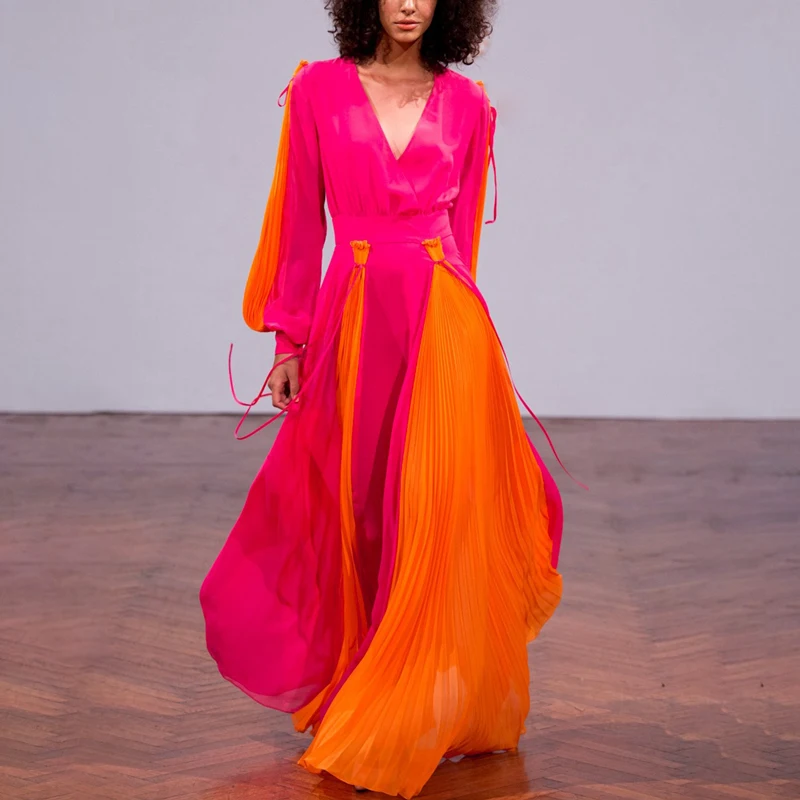 2019 Women Runway Long Party Dress Spring Summer V Neck Long Sleeve Color Block Lantern Sleeve Pleated Beach Maxi Dress E6660
2019 Women Runway Long Party Dress Spring Summer V Neck Long Sleeve Color Block Lantern Sleeve Pleated Beach Maxi Dress E6660