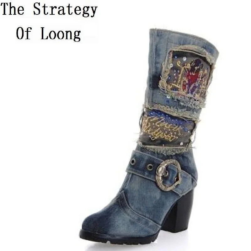 2019 New Women Spring Autumn Thick Mid Heel Jean Buckle Half Boots Lady Fashion Denim Side Zipper Mid Calf Boots SXQ0603
2019 New Women Spring Autumn Thick Mid Heel Jean Buckle Half Boots Lady Fashion Denim Side Zipper Mid Calf Boots SXQ0603