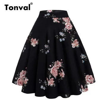 

Tonval Peony Floral Vintage A Line Black Flare Swing Skirts Womens Summer Plus Size Cotton 50S Retro Skater Skirt