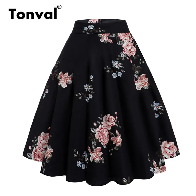 

Tonval Peony Flower Vintage A Line Skirt Black High Waist Summer Flare Skirts Women Cotton Floral Skater Skirt