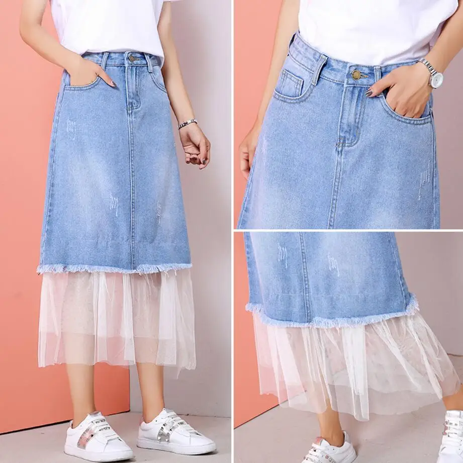 Lace Screen Stitching Denim Skirt Women High Waist Simple Fashion Splicing Denim Skirt Female
Lace Screen Stitching Denim Skirt Women High Waist Simple Fashion Splicing Denim Skirt Female