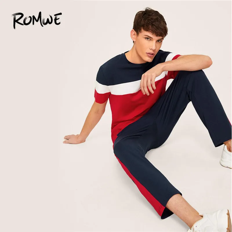 

ROMWE Man Colorblock O Neck Tee With Drawstring Waist Pants Casual Two Piece Set Short Sleeve T Shirts And Trousers Male Co-ords