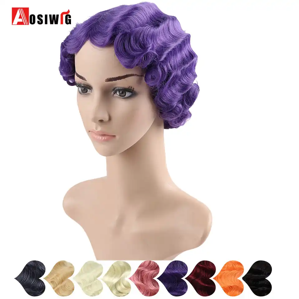 Aosi Short Curly Black Pink Purple Finger Waves Wigs For African