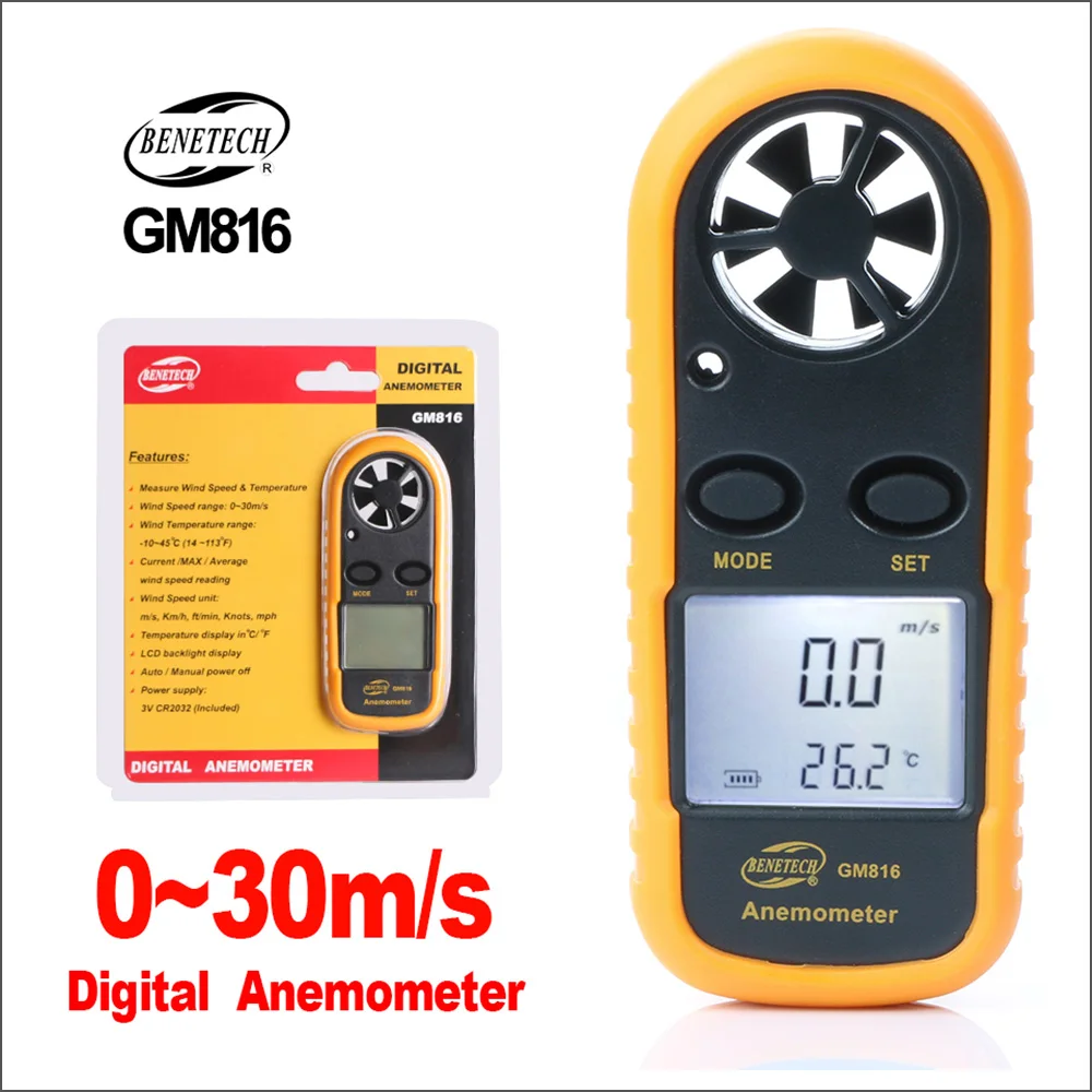 

BENTECH Anemometer Digital Wind Speed Meter Mini Portable Thermometer Anemometro Windmeter GM816 30m/s Anemometer Sensor