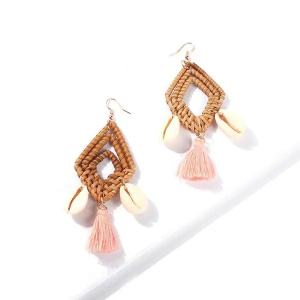 Latest Design Womens Rattan Tassel Wicker Woven Sea Shell Conch Hooks Earrings Jewelry 2019