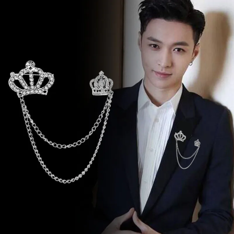 Korean New Metal Crown Brooch Pin Luxury Tassel Chain Lapel Pin Fashion Crystal Badge for Suit Coat Collar Accessories for Men
Korean New Metal Crown Brooch Pin Luxury Tassel Chain Lapel Pin Fashion Crystal Badge for Suit Coat Collar Accessories for Men