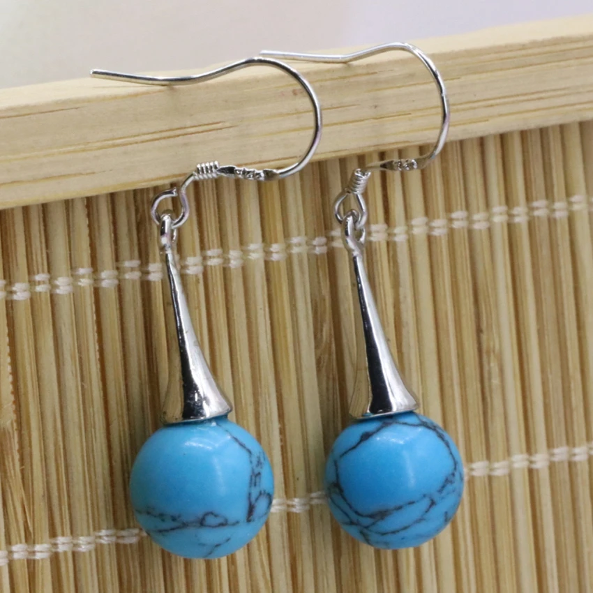 Image 10mm blue stone veins turquoise jasper dangle earrings for women fashion round beads eardrop hot sale charms diy jewelry B3247