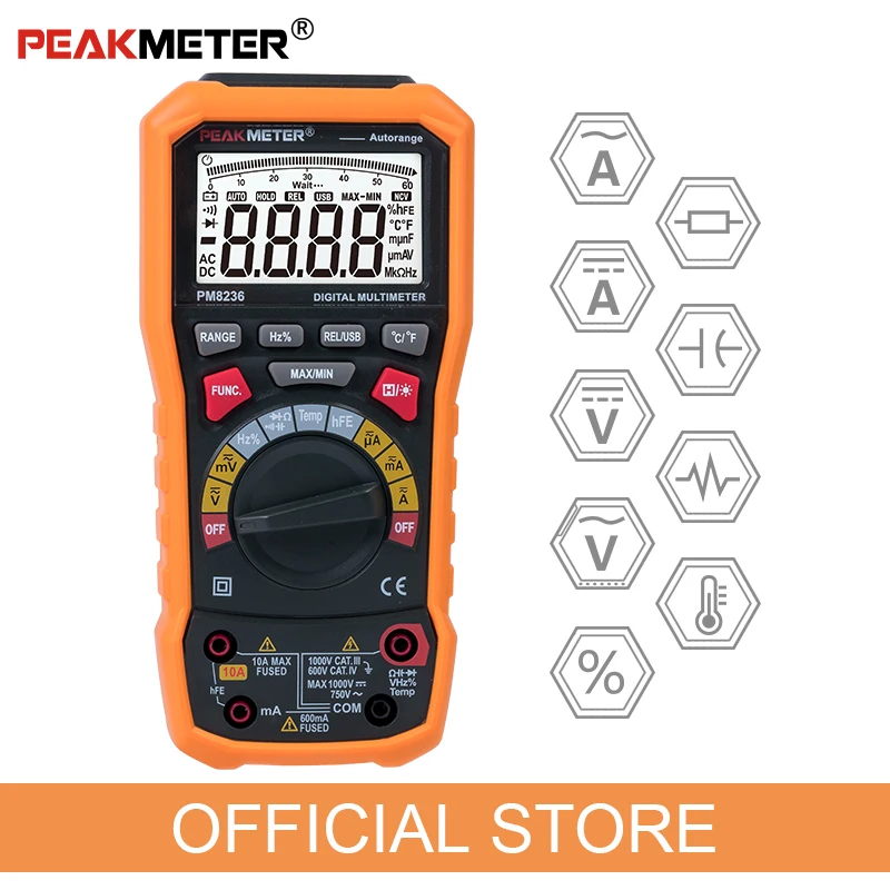 Official PEAKMETER PM8236 Auto manual Range Digital Multimeter with TRMS 1000V Temperature capacitance frequency Test
Official PEAKMETER PM8236 Auto manual Range Digital Multimeter with TRMS 1000V Temperature capacitance frequency Test