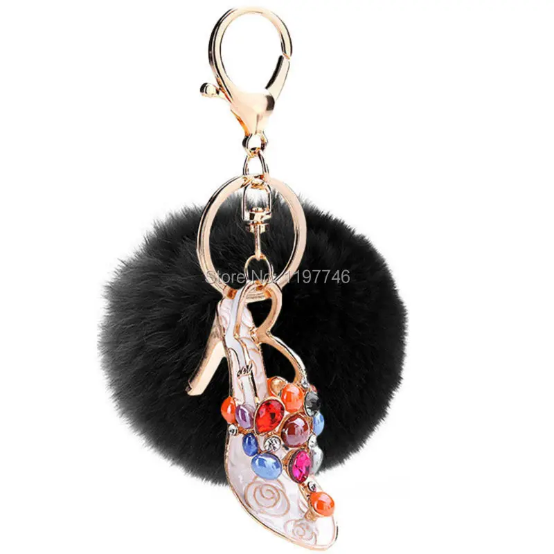 9 Colors Big 8cm Rabbit Soft Fur Ball Pom Keyring Keyfob Colorful Crystal Rhinestone High Heel Shoe Pendant Key Chain | Украшения и